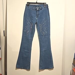 Silver studded embellished denim blue jeans Medium 26" waist flare bell retro